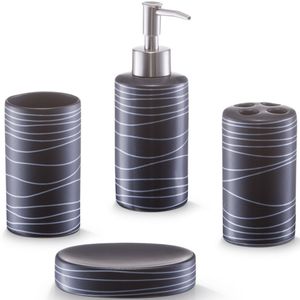 Badkamer/toilet accessoires set 4-delig - keramiek - swirl patroon zwart