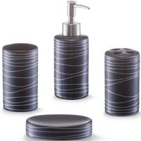 Badkamer/toilet accessoires set 4-delig - keramiek - swirl patroon zwart - thumbnail