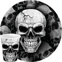 Halloween/horror schedel/doodshoofd feest servies - borden en bekers - 24x - zwart- papier - thumbnail