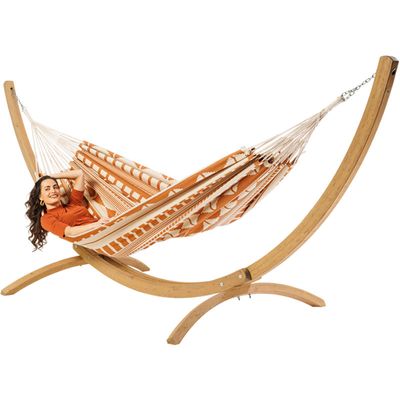 Tweepersoons hangmat met houten standaard - 350x160cm - Oranje - 160kg draagkracht- 100% katoen - binnen & buiten