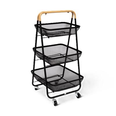 5Five Keuken/badkamer opberg trolley - 3 laags - zwart - 48 x 41 x 87 cm - mesh metaal