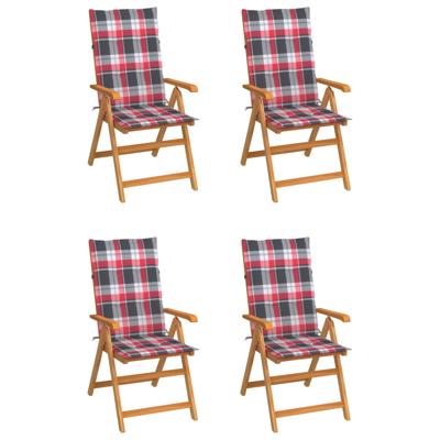 Tuinstoelen 4 st met rood geruite kussens massief teakhout