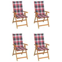 Tuinstoelen 4 st met rood geruite kussens massief teakhout