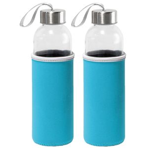 2x Stuks glazen waterfles/drinkfles met turquoise blauwe softshell bescherm hoes 520 ml