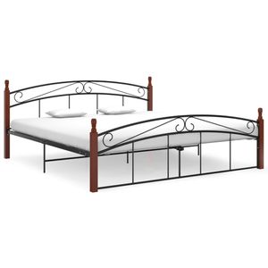 Bedframe metaal en massief eikenhout zwart 180x200 cm