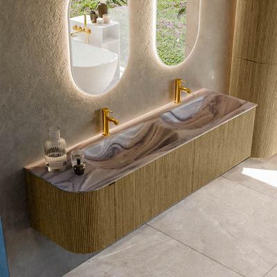 Badmeubel Mondiaz Kurve-Dlux | 165 cm | Meubelkleur Dusk | Wastafelkleur Sombra | Solid surface | Dubbel / Rechts spoelbak | 2 kraangaten