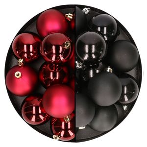 24x stuks kunststof kerstballen mix van donkerrood en zwart 6 cm