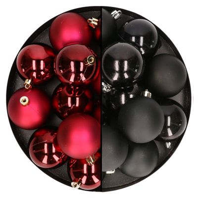 24x stuks kunststof kerstballen mix van donkerrood en zwart 6 cm