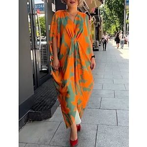 Dames Gewone jurk Bloemig Jurk met print V-hals Splitsen Afdrukken Lange jurk maxi-jurk Buiten Dagelijks Actief Modieus Normale pasvorm 3/4 mouw Oranje Herfst