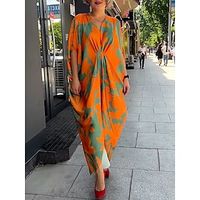 Dames Gewone jurk Bloemig Jurk met print V-hals Splitsen Afdrukken Lange jurk maxi-jurk Buiten Dagelijks Actief Modieus Normale pasvorm 3/4 mouw Oranje Herfst