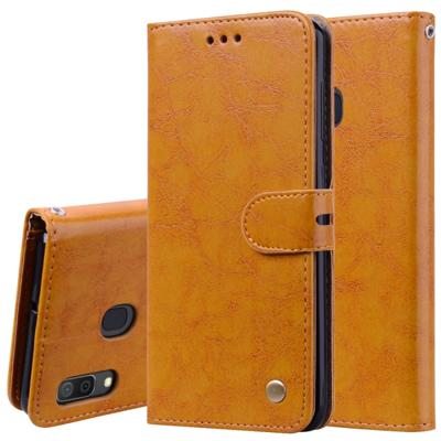 Business stijl olie Wax textuur horizontale Flip lederen case voor Galaxy A30 met houder & kaartsleuven & portemonnee (bruin)