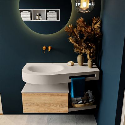 MONDIAZ RIVA 100cm badmeubel onderkast / planchet kleur Washed_Oak met 1 lade. Wastafel DULCET links 0 kraangaten kleur Linen.