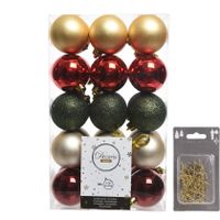 Kerstversiering mix pakket kunststof kerstballen 6 cm goud/groen/rood 30x stuks met haakjes - thumbnail