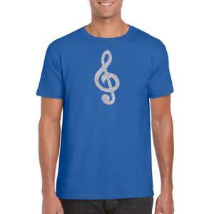 Zilveren muziek noot G-sleutel / muziek feest t-shirt / kleding blauw heren