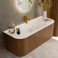 Mondiaz KURVE-DLUX 120 cm Onderkast Greeploos 1 Lade Met Deuren Walnut, Wastafel Solid Surface Midden Frappe 1 Kraangat Zonder Spiegel (KRVBGS120L+R1L2D1KM-Wal/Fra)