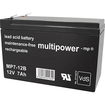 multipower MP7-12B Loodaccu 12 V 7 Ah Loodvlies (AGM) (b x h x d) 65 x 102 x 151 mm Kabelschoen 6.35 mm Onderhoudsvrij, Geringe zelfontlading, VDS-certificering
