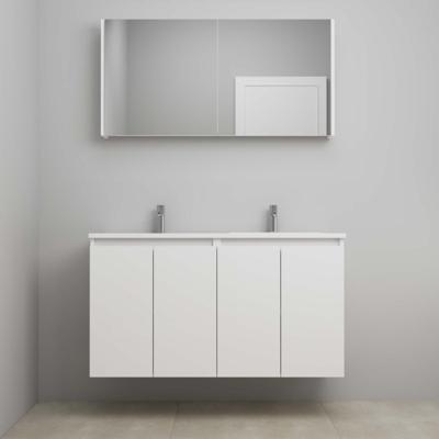 On-Line Badkamermeubelset - 120 cm - Bouwpakket - Greeploos 4 Deuren - Acryl Wastafel - 2 Kraangaten - Spiegelkast - Mat Wit