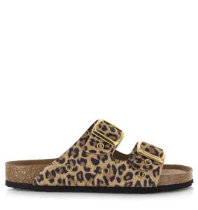 DWRS LABEL Leopard slippers leer met gouden details Beige Leer Slippers met gesp Dames
