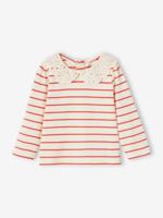 Baby T-shirt met geborduurde kraag en lange mouwen rood, gestreept - thumbnail