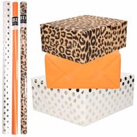 6x Rollen kraft inpakpapier/folie pakket - panterprint/oranje/wit met zilveren stippen 200 x 70 cm - Cadeaupapier