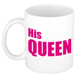 His queen cadeau mok / beker wit met roze letters 300 ml