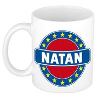 Natan voornaam koffiemok - beker - wit/blauw - 300 ml - Cadeau - Heren - Collega - Vaderdag