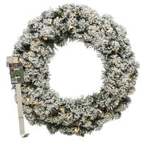 Kerstkrans 50 cm - groen met led - besneeuwd - met messing zilveren hanger/ophanghaak