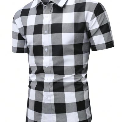 Bon&Bon Men's Gingham Plaid Short Sleeve Shirt - Urban Casual Style Black and White / L