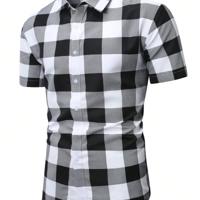 Bon&Bon Men's Gingham Plaid Short Sleeve Shirt - Urban Casual Style Black and White / L