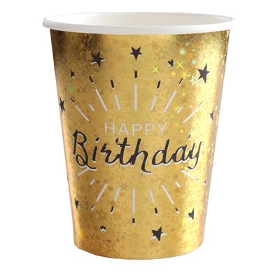 Verjaardag feest bekertjes happy birthday - 10x - goud - karton - 270 ml