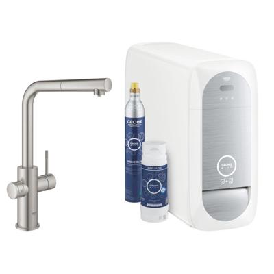 GROHE Blue Home Keukenkraan - uittrekbare L uitloop - 1 gats - filterfunctie - plat licht en bruisend water - supersteel geborsteld 31539DC0