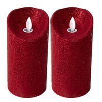 LED kaars/stompkaars - 2x stuks - rood - H15 cm - met glitters