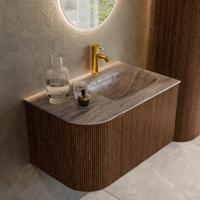 Badmeubel Mondiaz Kurve-Dlux | 75 cm | Meubelkleur Walnut | Wastafelkleur Oza | Solid surface | Wasbak rechter zijde spoelbak | 1 kraangat