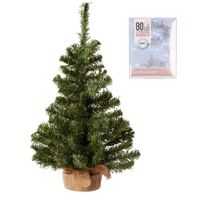 Volle kerstboom in jute zak 60 cm inclusief helder witte kerstverlichting