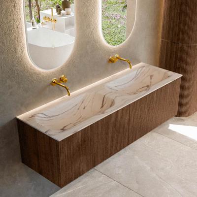 Badmeubel Mondiaz Kurve-Dlux | 150 cm | Meubelkleur Walnut | Wastafelkleur Nata | Solid surface | Wasbak beide zijden spoelbak | Zonder kraangat(en)