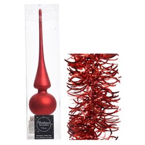 Kerstversiering glazen piek mat 26 cm en golf folieslingers pakket rood van 3x stuks