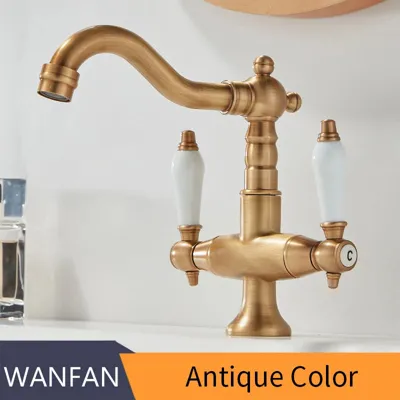 Antiek Messing Waskraan Industriële Stijl Enkele Gat Dubbele Handgreep Antiek Messing Waskraan Industriële Stijl Enkele Gat Dubbele Handgreep