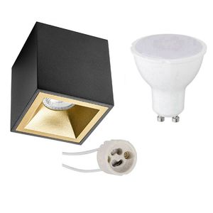 Opbouwspot Set - Pragmi Cliron Pro - GU10 Fitting - Opbouw Vierkant - Mat Zwart/Goud - 6W - Warm Wit 3000K - Verdiept -