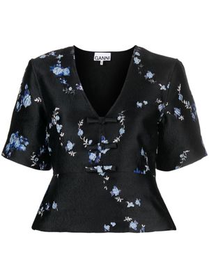 GANNI blouse à fleurs en jacquard - Noir