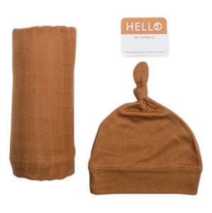 Lulujo Hello World Swaddle & Hat - Tan