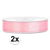 Decoratie satijn sierlint - 2x - lichtroze - 12 mm x 25 meter - Cadeaulint satijnlint