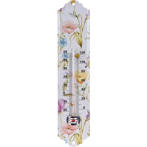 Set van 2x stuks binnen/buiten thermometer metaal met lentebloemen print 29 x 6.5 cm