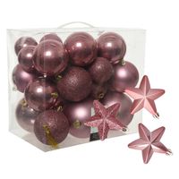 Pakket 32x stuks kunststof kerstballen en sterren ornamenten oud roze - Kerstbal - thumbnail