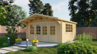 Tuindeco Blackpool Blokhut 440x340 cm + luifel 90 cm 58 mm vuren blank- Zadeldak- Onbehandeld vurenhout- Tuindeco