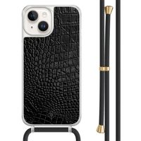 iPhone 14 hoesje met zwart koord - Croco zwart iPhone 14 hoesje met zwart koord - Croco zwart