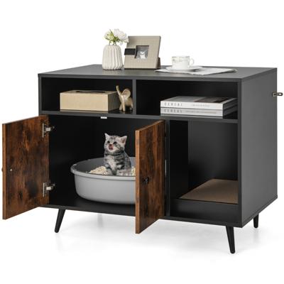 Kattenbak met Krabpaal Kattentoilet Kantelbeveiliging 2 Opbergplanken Metalen Schuine Poten 90 x 50 x 70 cm Zwart + Bruin