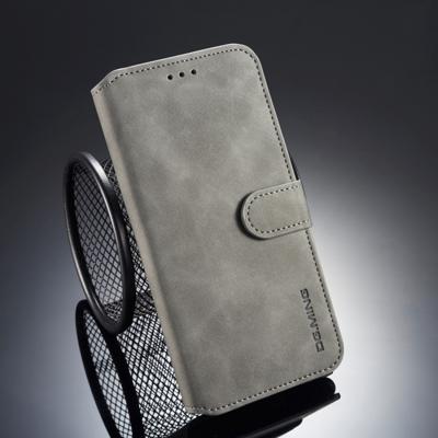 Dg. MING retro olie kant horizontale flip case voor iPhone XS/X met houder & kaartsleuven & portemonnee (grijs)