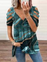 Cotton Blends Casual V Neck Short Sleeve Ombre Abstract Top - thumbnail