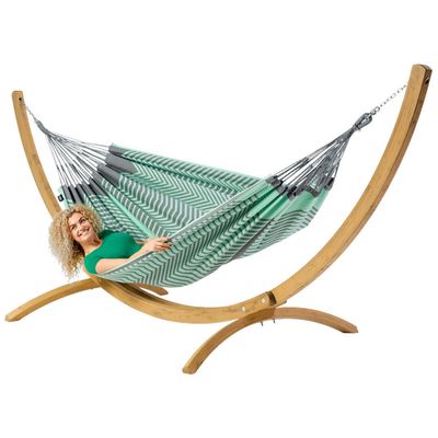 Tweepersoons hangmat met houten standaard - 350x160cm -Groen - 160kg draagkracht- 100% katoen - binnen & buiten
