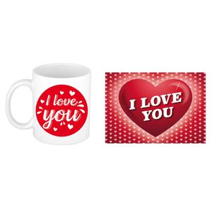 I love you cadeau mok / beker wit cirkel met hartjes 300 ml inclusief Valentijnskaart